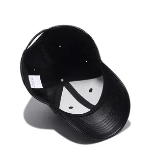 Wholesale 6 Panel Plain Blank Men's Black Fitted Custom Leather Baseball Hat