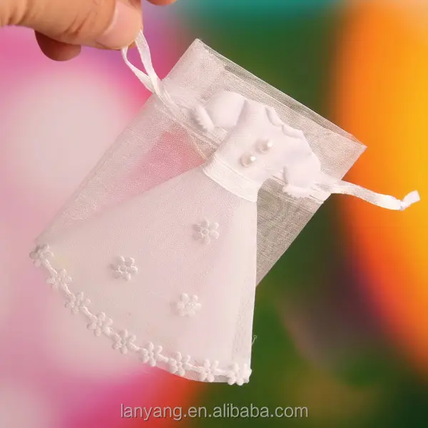 Free Shipping Baby Shower 7*9cm Organza Bags Wedding Dress Design Candy Favor Bags With Drawstring