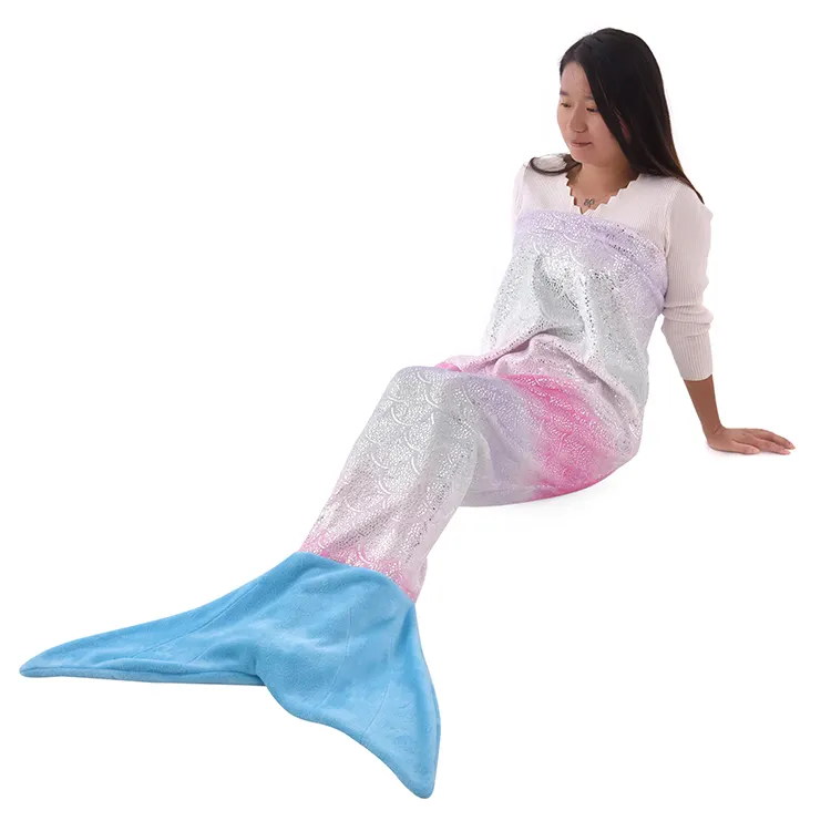 Ombre foil print high quality flannel fleece color sequins mermaid tail blanket