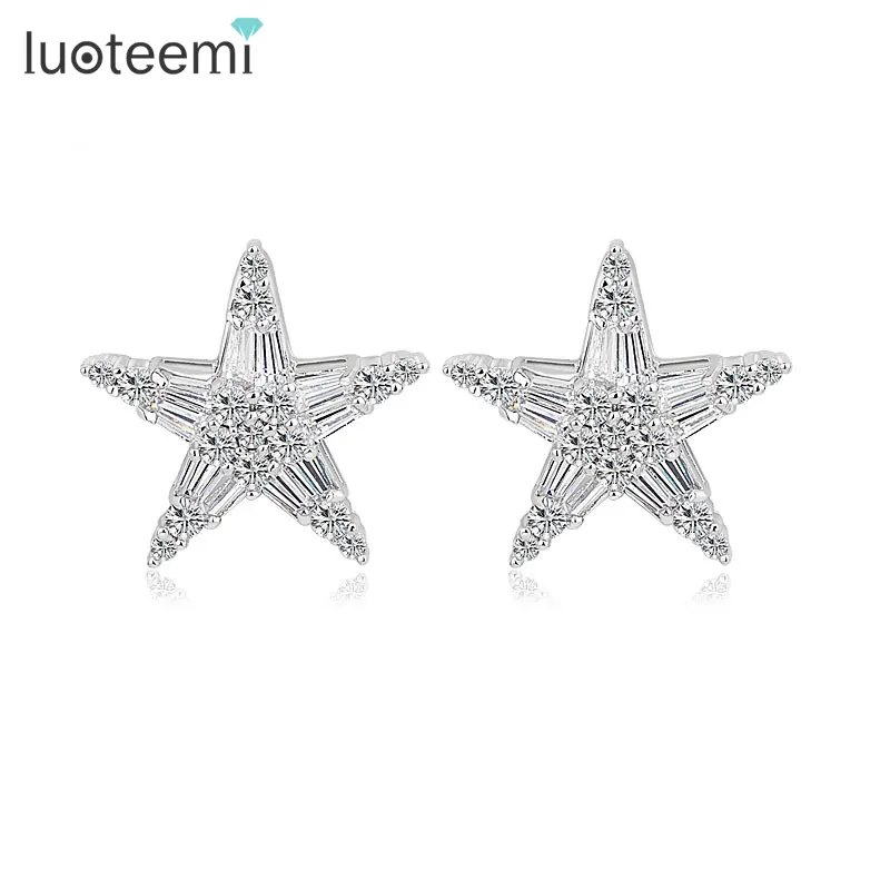 LUOTEEMI Bán Buôn Mới Thời Trang Tinh Tế Thiết Kế Sang Trọng Rhodium CZ Pha Lê Sao Phụ Nữ Charm Stud Earrings