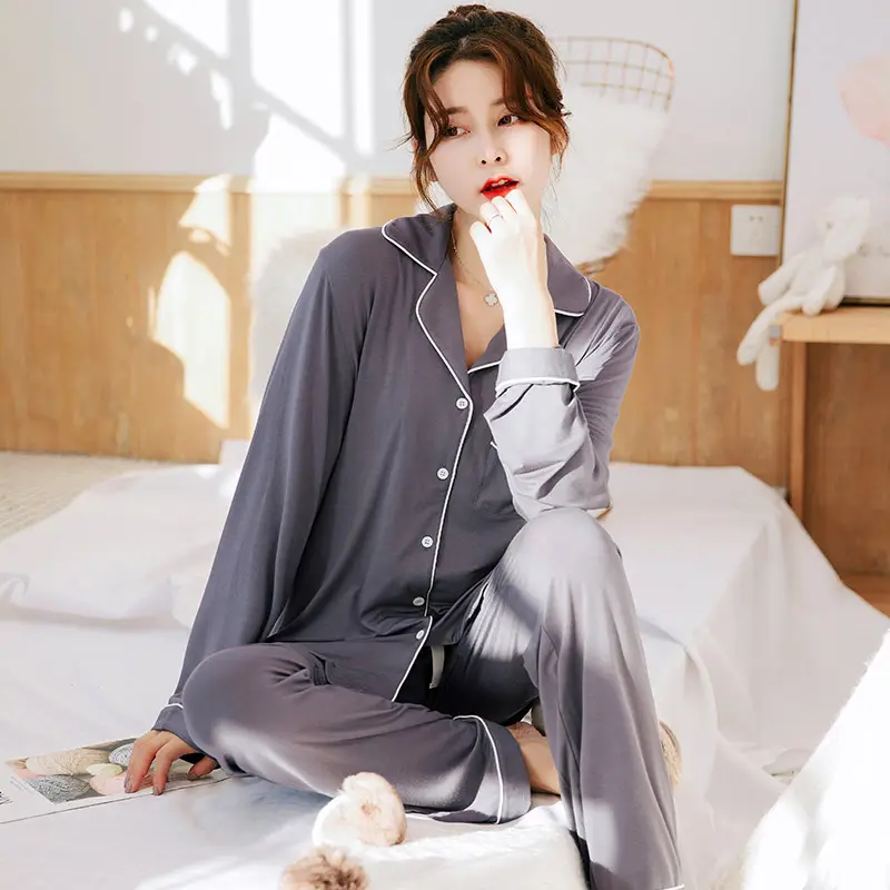 Ejemplos venta al por mayor de Navidad de seda coreano de mujer estilo de lujo color sólido ropa de dormir viscosa de bambú pijamas de algodón