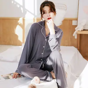 EXAMPLES wholesale Christmas Korean silk style Womens luxury solid color Sleepwear viscose bamboo cotton Pajamas