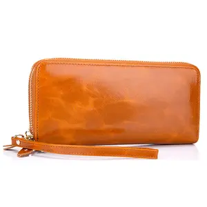 Double zipper oil wax genuine leather woman wallet long wrist bag purse wallet