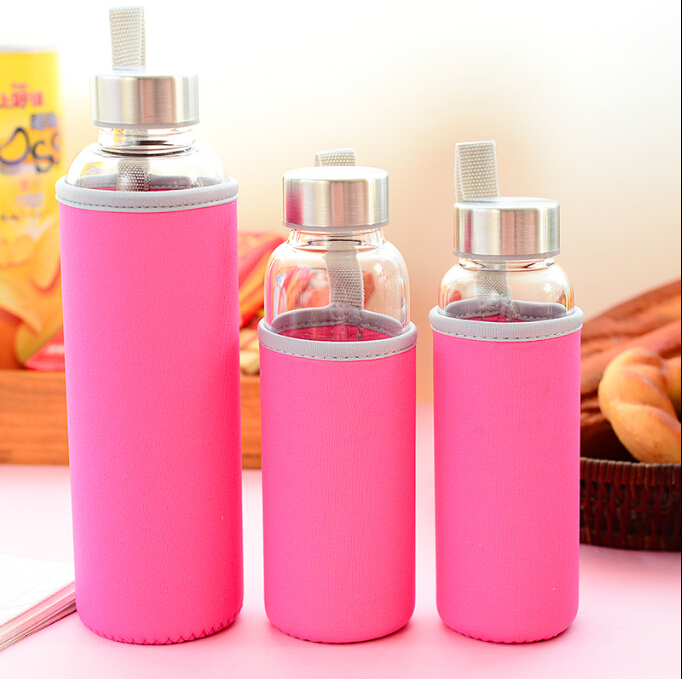 Kitchen 18oz Leak-Proof Glass Bottles Juicing Containers Water Beverage Bottles With Sleeve Sport Water Bottle