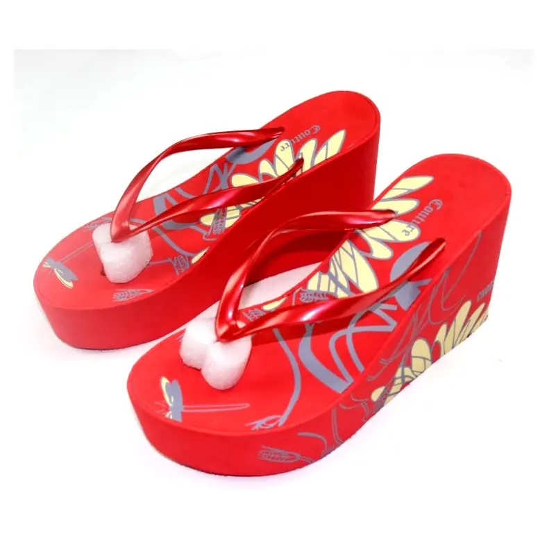 red pvc wedge shoes custom full screen print High heel slippers wedge women's flip flops thongs lady fashion eva sandals