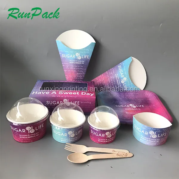 Runxing 4 Oz 8 Oz 12Oz 16Oz Kem Sữa Chua Dùng Một Lần Cốc Giấy Có Nắp Đậy