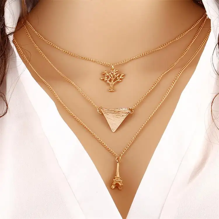 Athens Greece Jewelry 24 Karat Gold Three Layers Triangle Tree Eiffel Tower  Pendant Necklaces