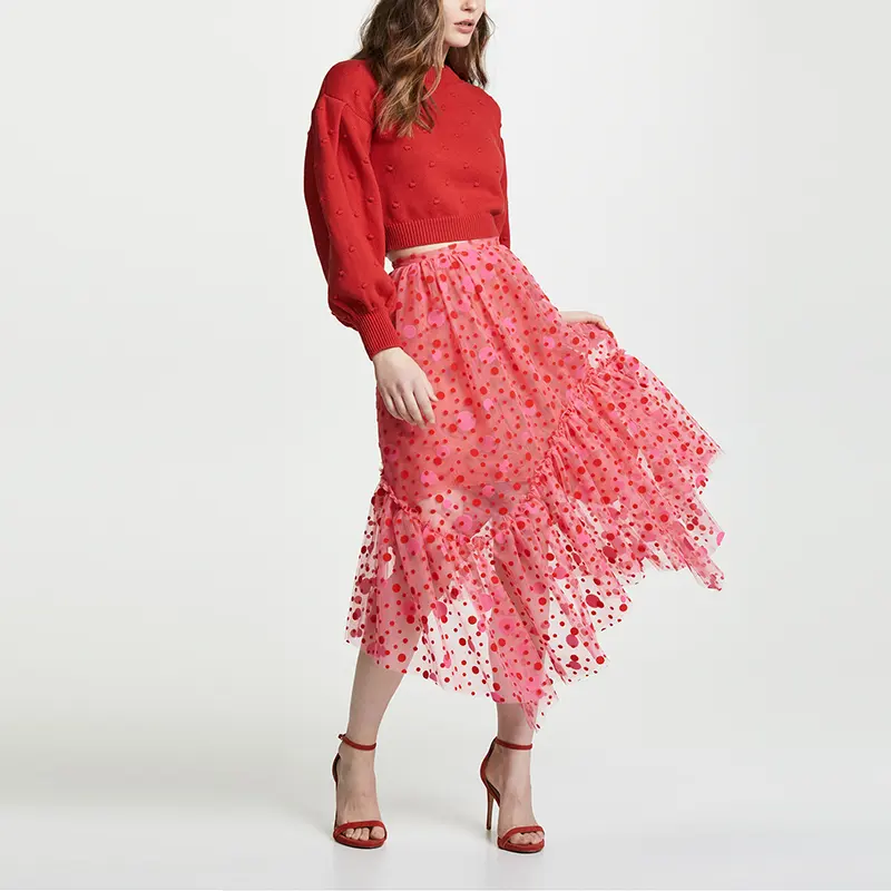 Sweet Sheer Velvet Flocking Mesh Tulle Red Dot Asymmetrical Ruffled Skirt Women Daily Wear Girl