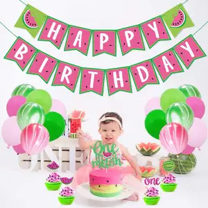 Umiss Watermelon One in a Melon Cake Topper , Balloons Happy Birthday Banner for Summer Fruit Themed 1st Birthday Party Decor