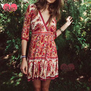 Encantador Floral Print Media <span class=keywords><strong>Manga</strong></span> Cuello En V Profundo Vestido de Verano Informal - Product Image 3