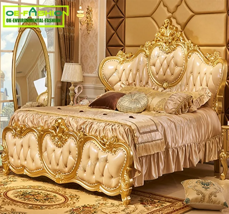 Cama tamaño King Size con tallado de hojas doradas de diseño de lujo/dormitorio de madera dorada de lujo clásico europeo