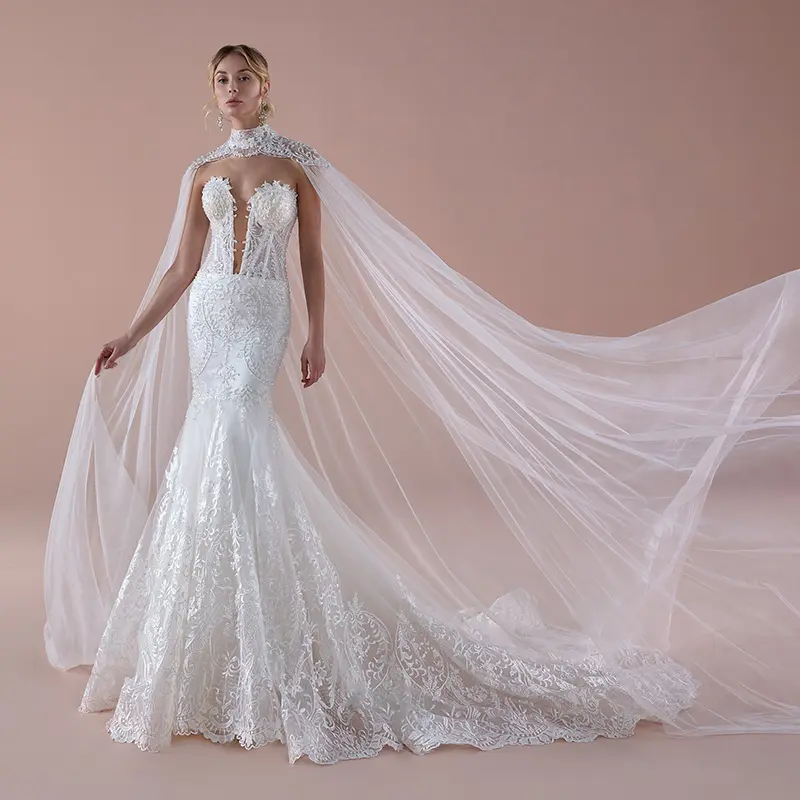 Eslieb A55 Nuovo Stile Del Merletto di Patch Sheer Ricevimento Della Cinghia di Spaghetti della sirena del V-neckline Abito Da Sposa Abito Da Sposa con velo