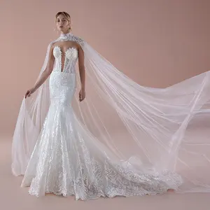 Eslieb A55 Nuovo Stile Del Merletto di Patch Sheer Ricevimento Della Cinghia di Spaghetti della sirena del V-neckline Abito Da Sposa Abito Da Sposa con velo