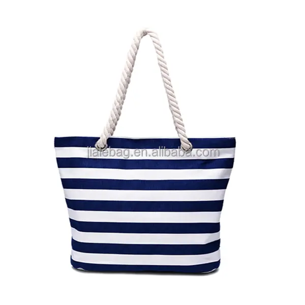 Cheap wave stripes canvas rope handle beach bag