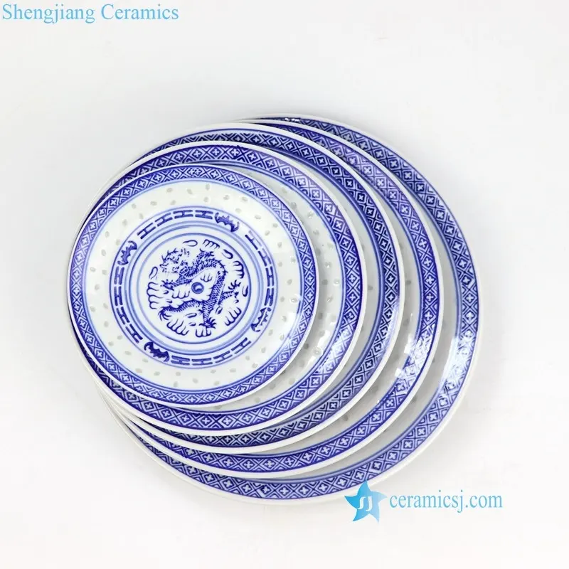 RZKG02 Jingdezhen Piring Keramik Lubang Nasi Ukiran Tradisional Biru dan Putih Dalam 5 Ukuran
