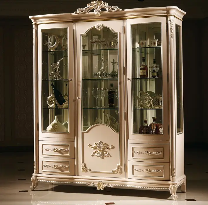 3-doors white solid wood glass wine cabinet