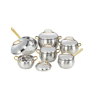 High quality belly shape stainless steel stock pot casserole cookware set with golden handle