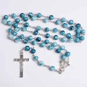 8 mm fiore blu perle di vetro religioso maria medaglia rosario cattolico con spilla argento antico