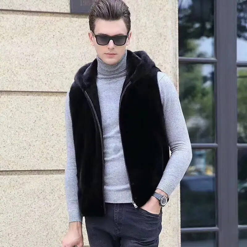 YR1132 Mink Fur Vest with Hood for Man