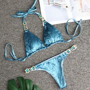 New Blue Velvet Two Piece Sexy Swimwear Swimming Suit Sexy Crystal Diamond Bikini Wholesale