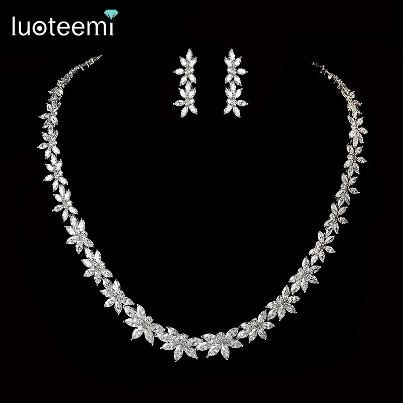 LUOTEEMI Women Elegant and Luxury White Gold Plated Water Drop Shape Cubic Zircon Earrings Necklace Wedding Bridal Jewelry Set