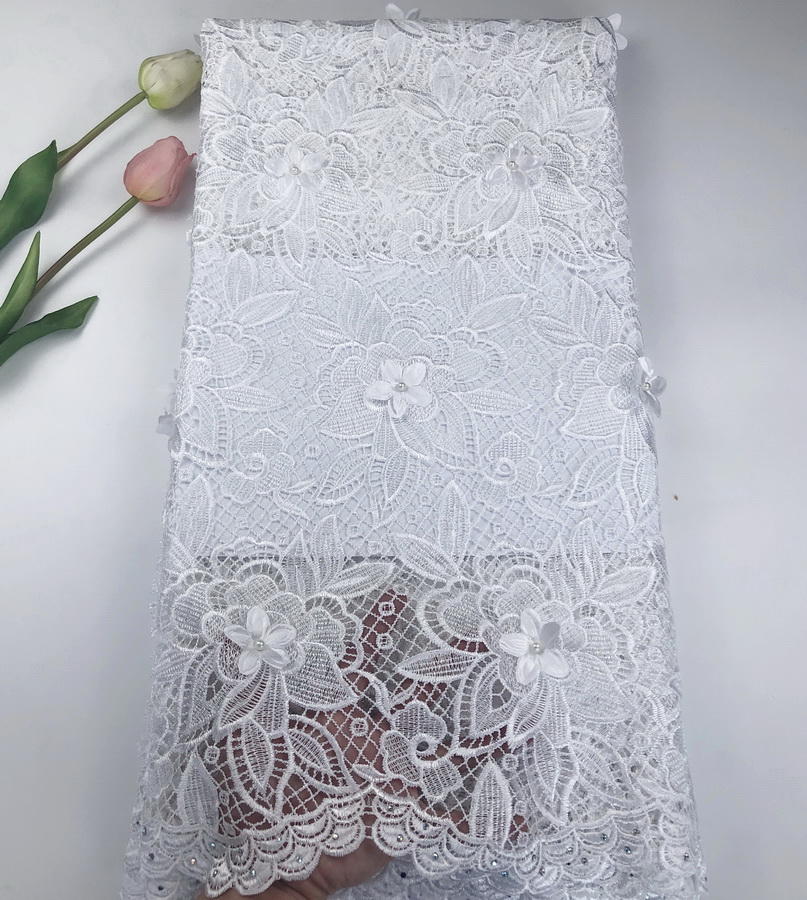 african cotton material beaded embroidery white color 3d bridal guipure lace fabric