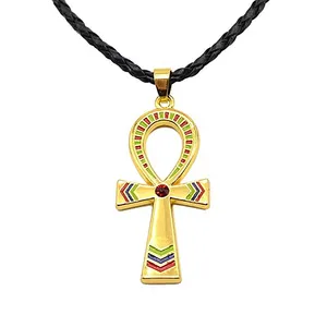 N1102582 Hip Hop Style Placcatura In Oro Egiziano Ankh Croce Simbolo Pendenti Corde di Pelle Nera Collane Per Le Donne Degli Uomini
