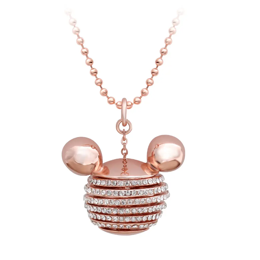 New 3D Mickey Shape Multilayered White Rhinestone Pendant Large Rose Gold Ball Chain Necklace