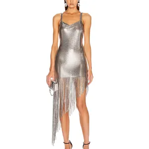 Exclusive design silver fashion womens asymmetric fringe dress