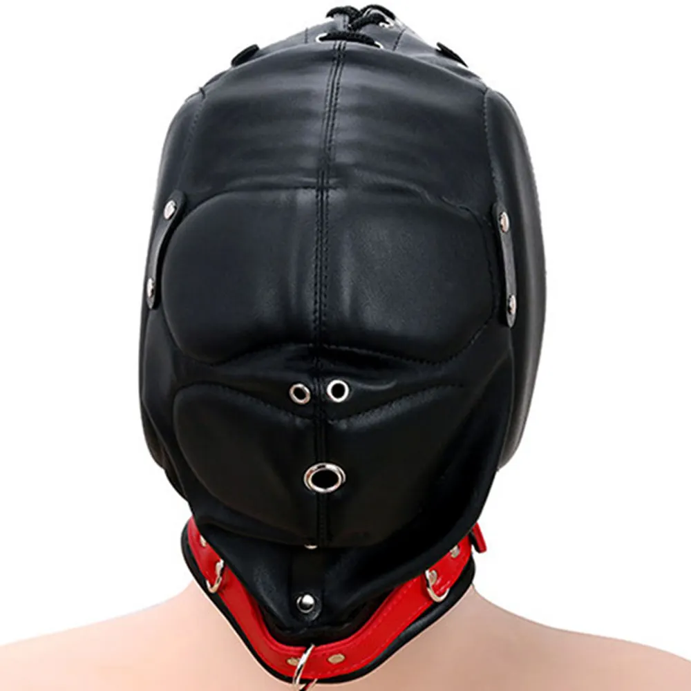 Sombreros negros de piel sintética suave, ropa de fetiche de cuero grueso, paquete completo cerrado, máscara de castigo, ropa para la cabeza