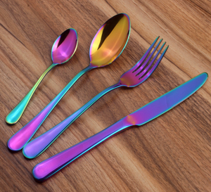 มีดเคลือบ PVD สีรุ้งแฟชั่น,ชุดช้อนส้อมไทเทเนียมชุดเครื่องใช้บนโต๊ะอาหารค่ำหลากสี