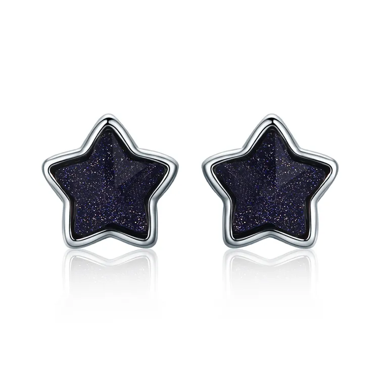 Women 925 Sterling Silver Blue Goldstone Earrings Jewelry Black Star Platinum Plated Stud Earrings