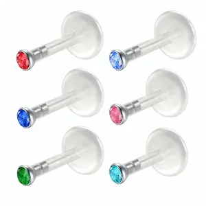 BioPlastic Jeweled disc push in threadless BioPlast labret lip piercing jewelry