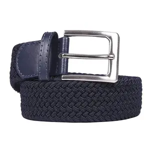 Mens Leather Tip Pink Navy Blue Stretch Elastic Braided BeltとSilver Pin Buckle