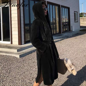 Di inverno Delle Donne Lungo <span class=keywords><strong>Nero</strong></span> Con Cintura di Disegno di Lusso Completa Pelt Scaldino Reale Pelliccia di Visone Con Cappuccio del Cappotto del Rivestimento - Product Image 1