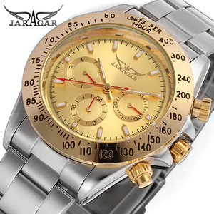 Montre pour homme Jargar, couleur or, lunette en acier inoxydable, bracelet en acier inoxydable, <span class=keywords><strong>cadran</strong></span> <span class=keywords><strong>noir</strong></span>, 6 aiguilles, montre habillée, montre-bracelet - Product Image 2