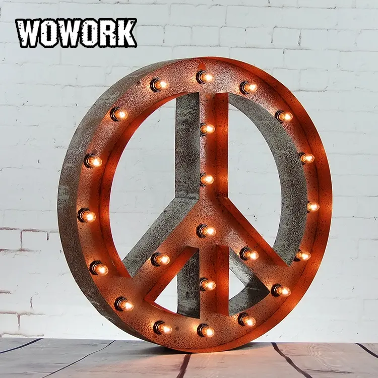 2024 WOWORK rustic vintage retro logam sirkus perdamaian bohlam lampu tanda untuk toko dekorasi dinding