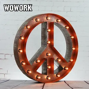 2024 WOWORK rustic vintage retro metal circus peace bulb sign light for shop wall decoration