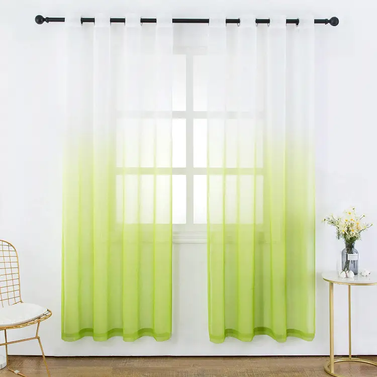 Grass Green Gradient 100% Polyester Curtains, Faux Linen Voile Curtains for Living Room, 2 Panels Grommet Semi Sheer Curtains