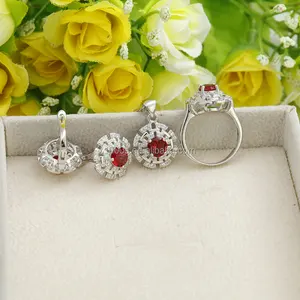 Conjunto de joyería nupcial de rubí de Plata de Ley 925 elegante, venta al por mayor