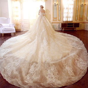 <span class=keywords><strong>Abiti</strong></span> da Sposa di Lusso Eleganti in Organza Champagne con Applicazioni in Pizzo, Gonna a Palloncino, Strascico Cattedrale, Maniche Lunghe 2025 WF045 - Product Image 4
