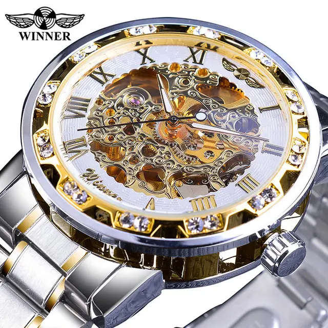Winner Transparent Fashion Diamond Watch Gear Movement Retro Royal Design Men Mechanical Skeleton Wrist Watches Relogio