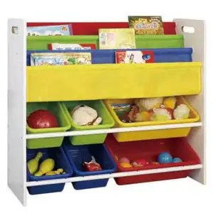 Wholesale Eco Friendly Safe Children Storage Shelves Kids Toy Organizer with Plastic Bins, toy organizer with book shelf