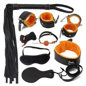 8pc Orange Body Bondage Kit Including Fur Handcuffs/Ankle manschetten/Collar/Ball gag/Whip/Mask/Hogtie/Rope/Paddle