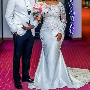 Abito da sposa a sirena nigeriano di marca abito da sposa a maniche lunghe con applicazioni di pizzo di perline abiti da sposa per ragazza nera africana plus size abito da sposa