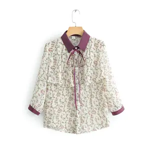 Fashion lace up neck style peter pan collar flower printed korean blouse women sweet chiffon tops