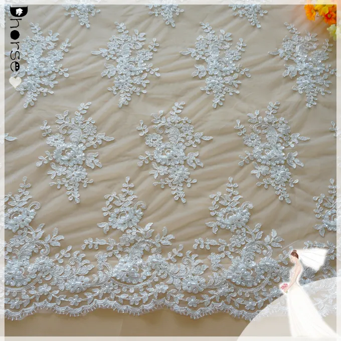 Wholesale vintage beaded sequined ivory floral lace fabric for sale