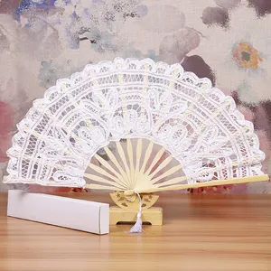 Fans en bambou de qualité supérieure, accessoires artisanaux en dentelle blanche, 34x27cm