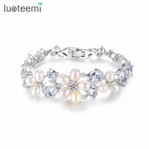 Оптовые продажи браслет для новобрачных-LUOTEEMI женский браслет с пресноводным жемчугом и фианитом, свадебный браслет с выдающимся цветком, браслеты для женщин