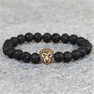Femmes Hommes Noir Pierre De <span class=keywords><strong>Lave</strong></span> Bracelet Argent Et Plaqué Or Tête de Lion Bracelet 8 MM Perles De Mode Bracelet - Product Image 2
